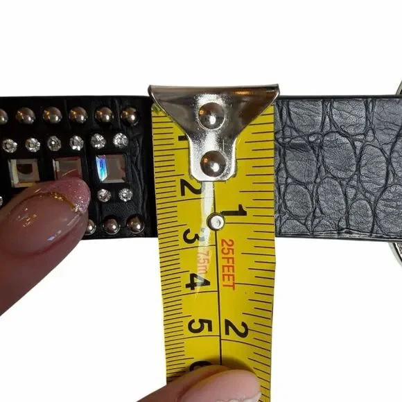 Western Rhinestone Crystal Belt Black Genuine Leather Croc Embossed Studded SM - Picture 11 of 15